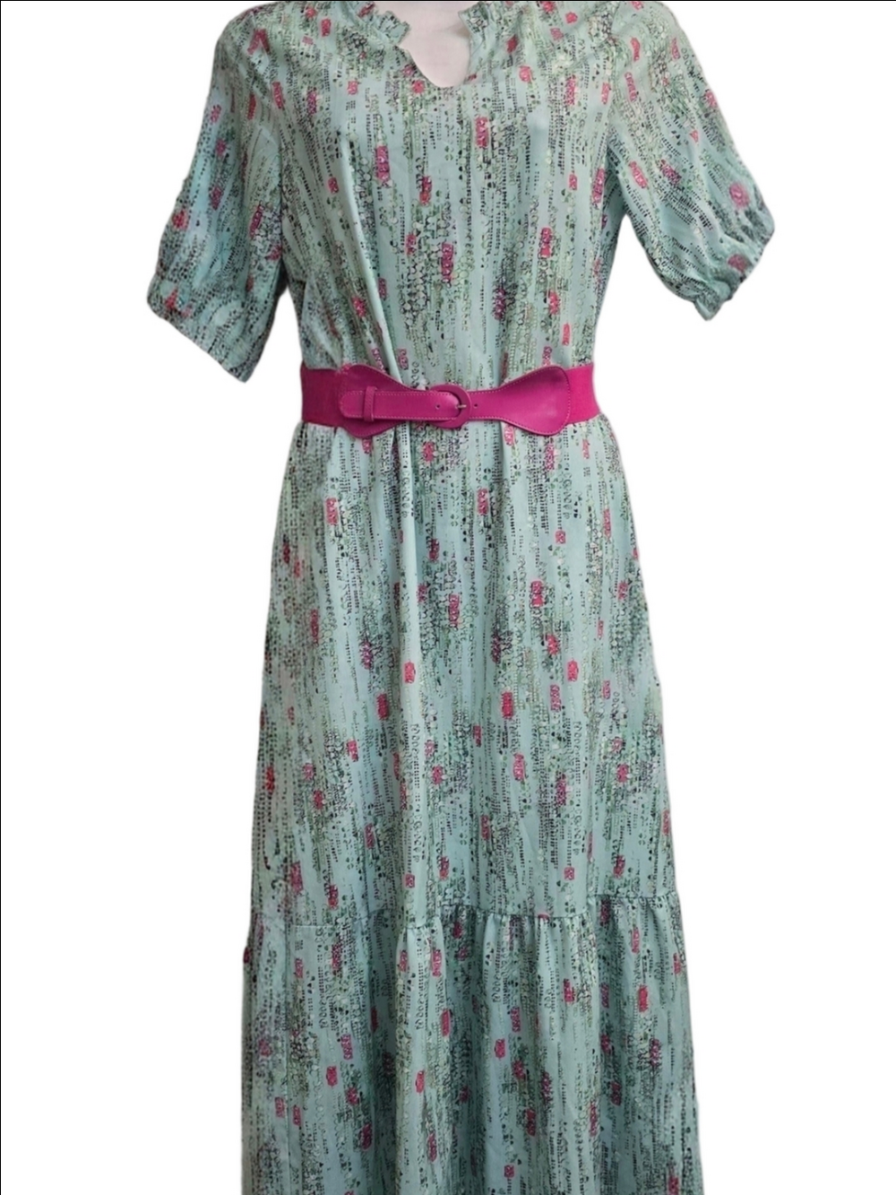 Floral Tiered Midi Dress - Mint with Pink Accents
